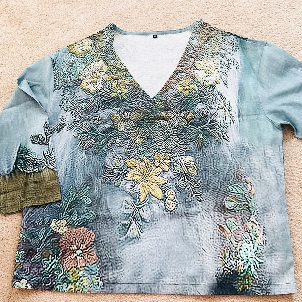 Embroidered Print V-Neck Blouse in Blue and Green - Picture 1 of 4